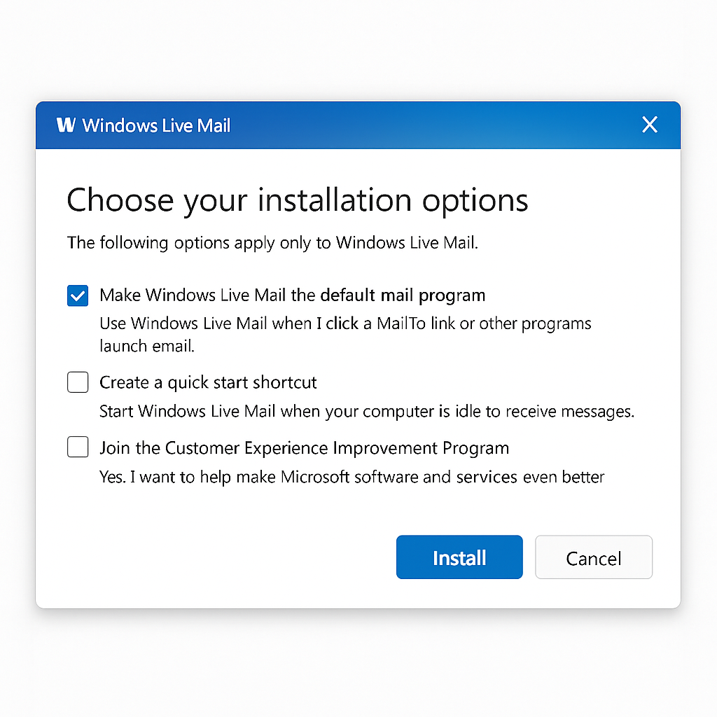 Windows Live Mail installation options showing settings for default email program and shortcuts