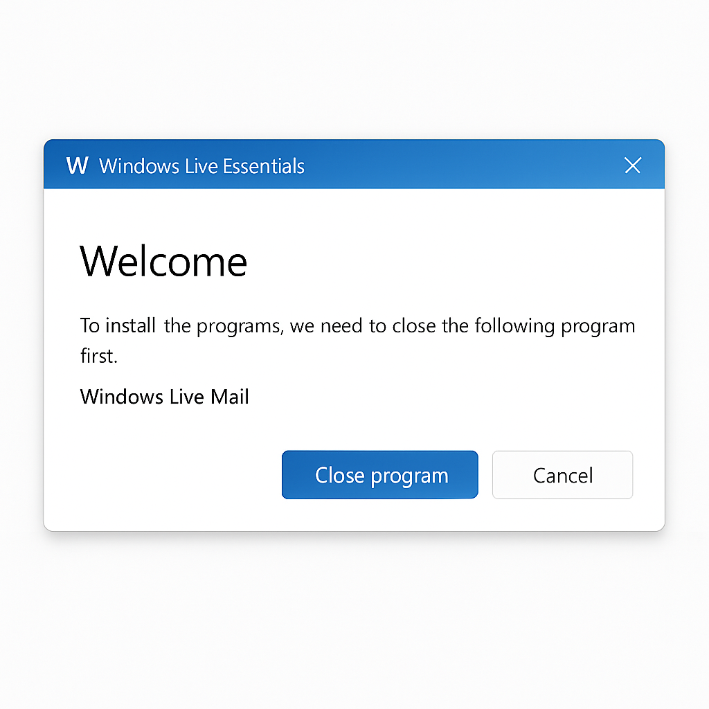 Windows Live Essentials installation welcome screen prompting to close Windows Live Mail before proceeding