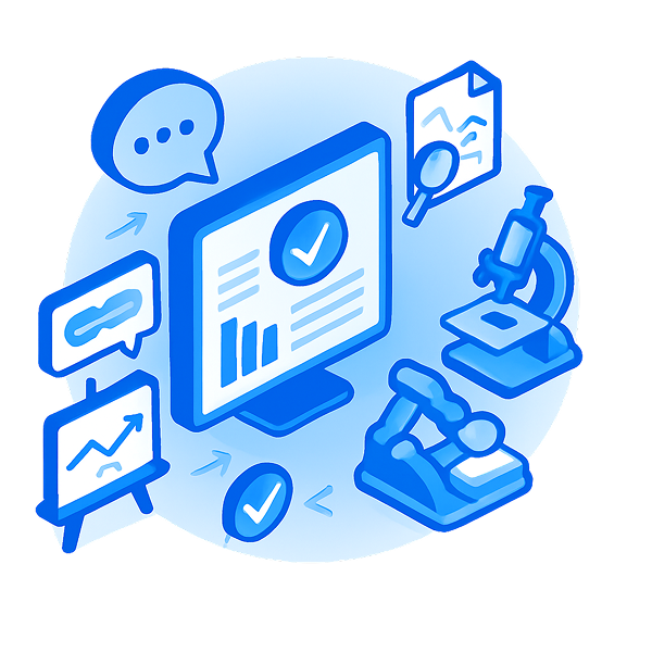 Laboratory beaker and testing equipment on a computer