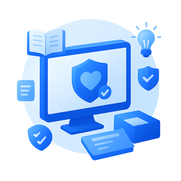 Computer with security shield and checkmark