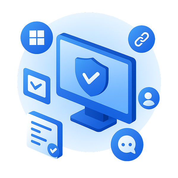 Security shield and verification icons on a computer
