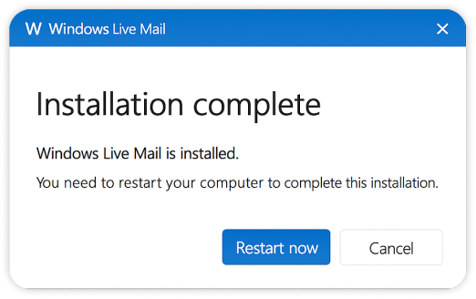Completion dialog with restart instruction