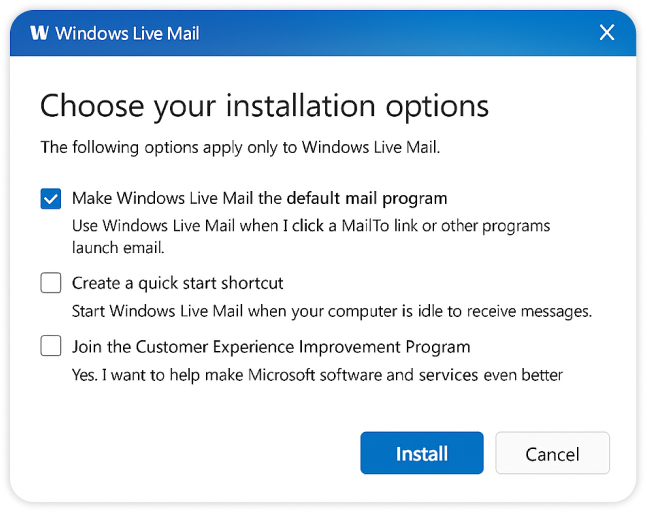 Installation options dialog